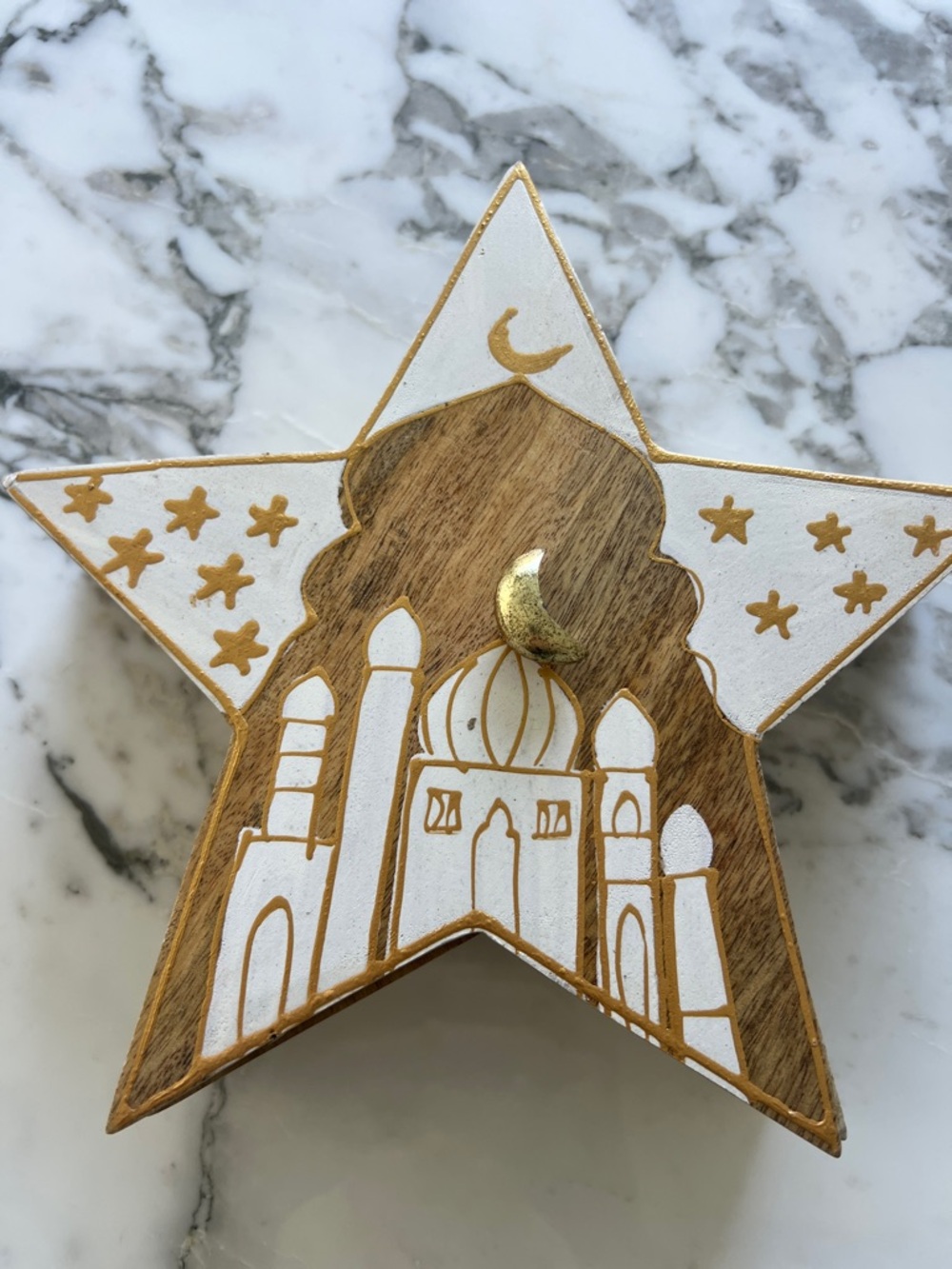 Eid Wooden StarDecor with Mosque Motif - White & Natural Wood